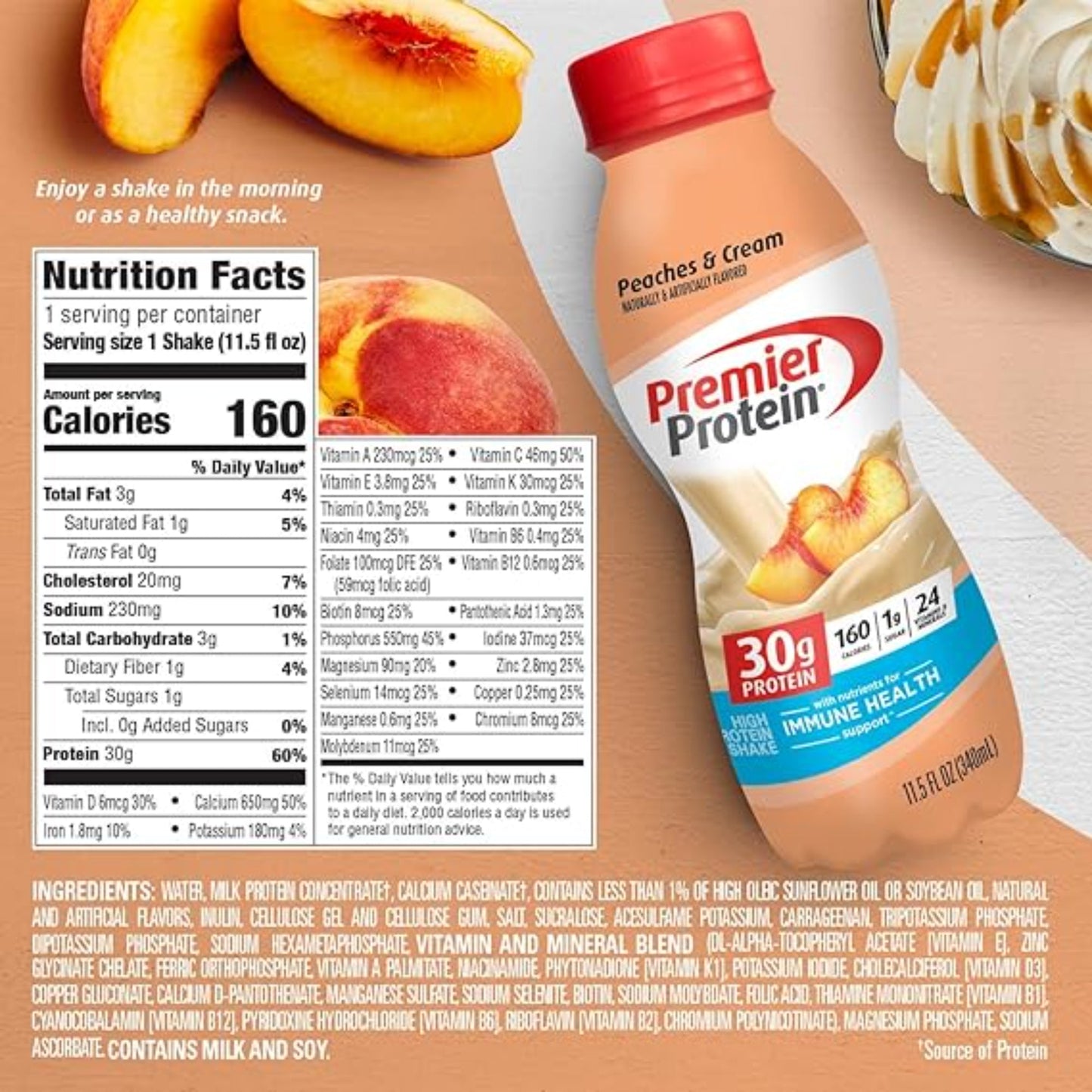 Premier Protein Shake 30g 1g Sugar 24 Vitamins Minerals Nutrients to Support Immune Health, Peaches & Cream, 11.5 Fl Oz (Pack of 12), Total 138 Fl Oz