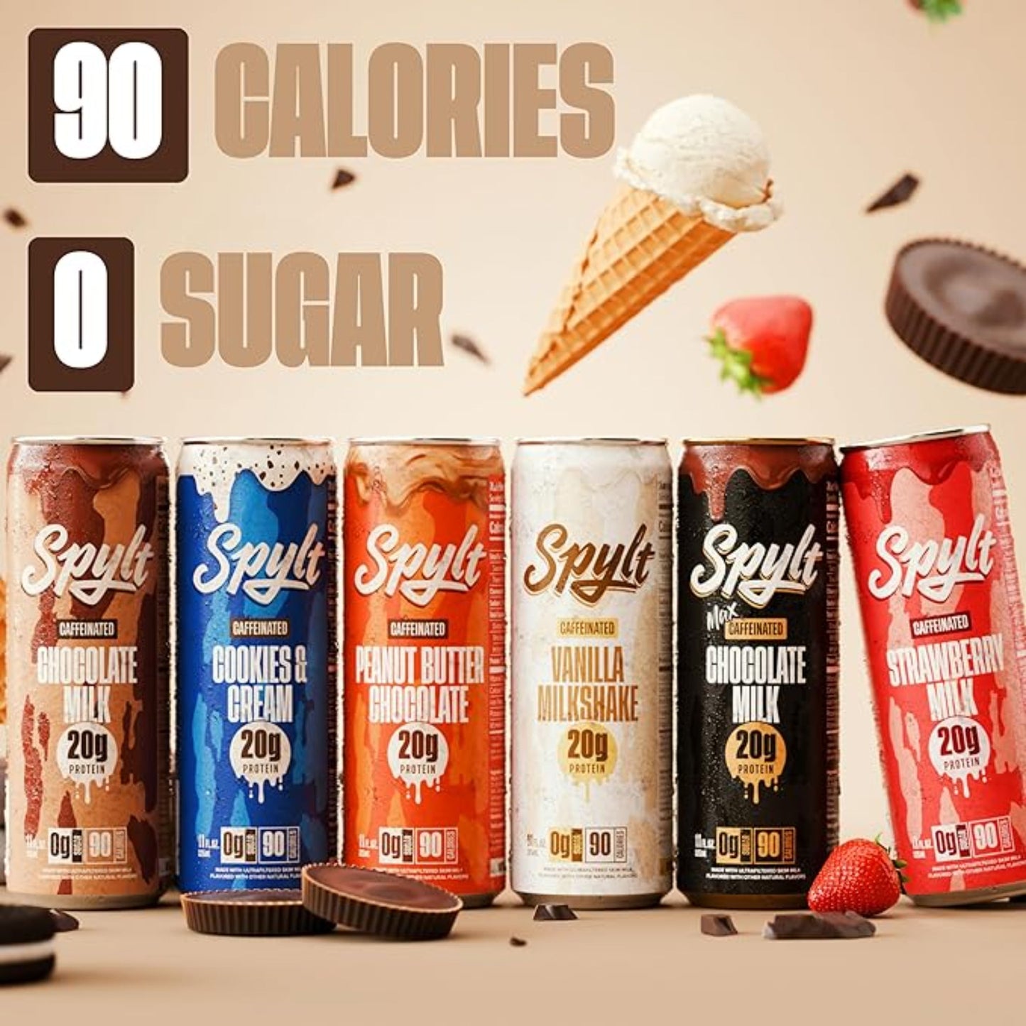 High Protein Milk - 6 Flavor Variety Pack with 60mg Caffeine & 20g Protein - 90 Calories, Ready to Drink, Sugar Free, Lactose Free Milk, Perfect for Workout Recovery & Afternoon Pick Me Up - 12 Count