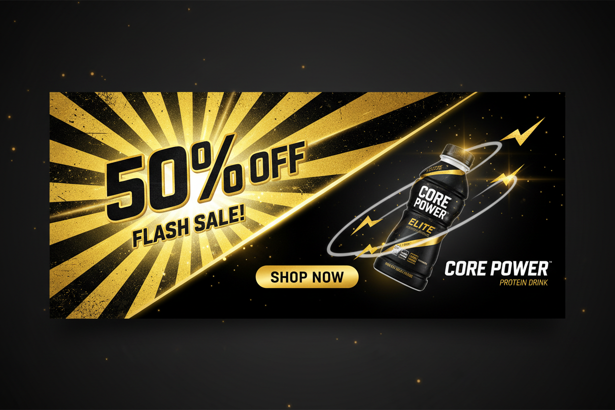 create a banner flash 50% off by using original picture of core power elite by using this colour scheme FFC115 000000