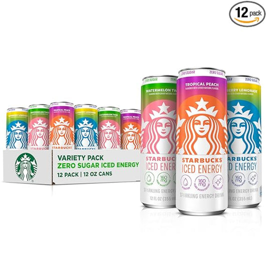 Starbucks Iced Energy Drink, 3 Flavor Variety Pack (Tropical Peach, Watermelon Splash, Blueberry Lemonade), Zero Sugar Energy Drink, Plant Based Caffeine, Hydration, Mental Clarity, 12 Fl Oz Cans (Pack of 12)