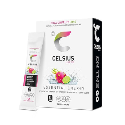 CELSIUS® On-the-Go Powder Sticks Dragonfruit Lime, Essential Energy 2.8 Oz (14 Sticks per Pack)