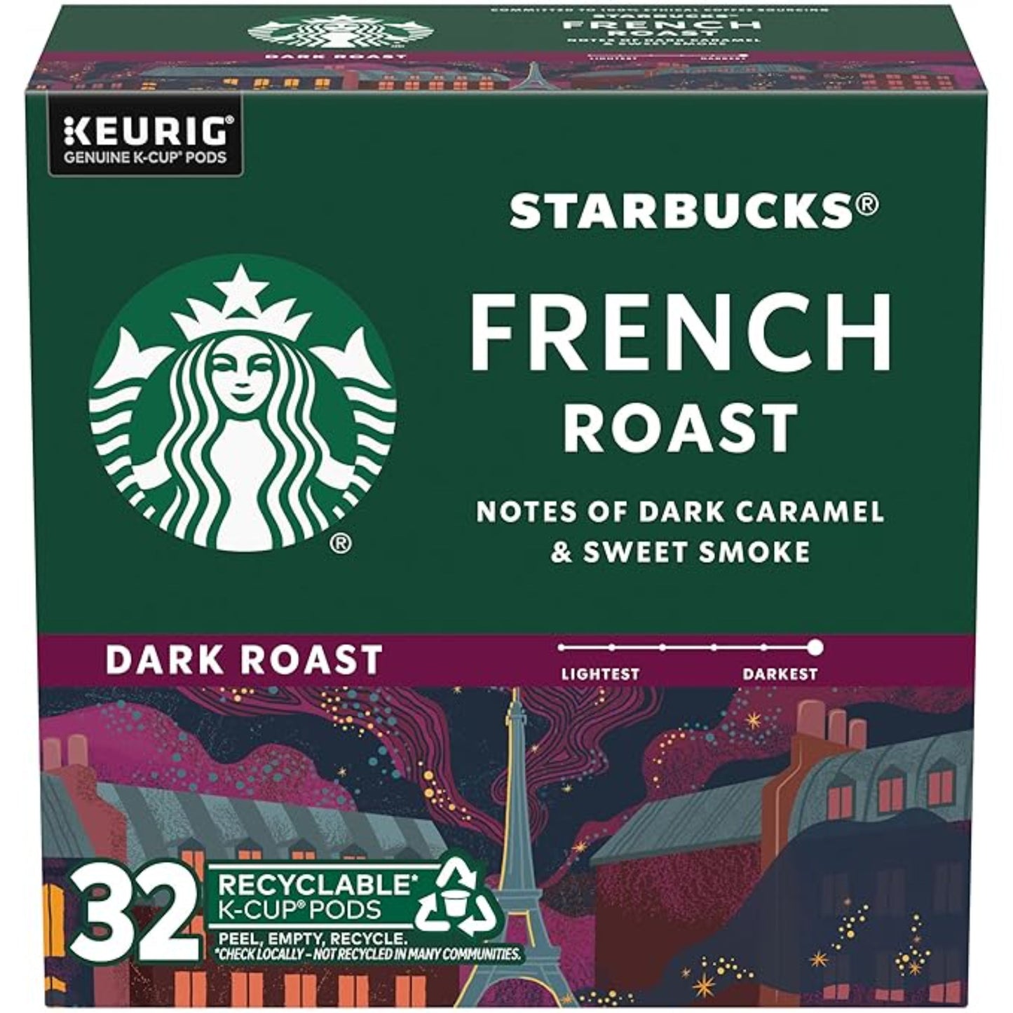 Starbucks K-Cup Coffee Pods, Dark Roast Coffee, French Roast, 100% Arabica, 1 box (32 pods)