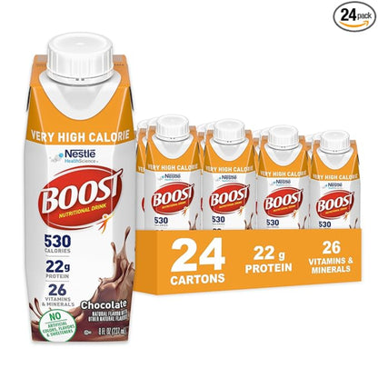 BOOST Very High Calorie Nutritional Drink – Helps Weight Gain & Maintenance - 530 Calories - 26 Vitamins & Minerals - 22 g Protein - Calorie-Dense Nutritional Drink - Chocolate - 8 fl oz (Pack of 24)