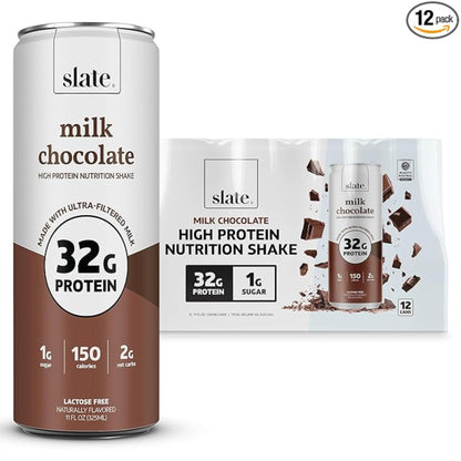 Slate Milk - High Protein Nutrition Shake - Milk Chocolate - 32g Protein, 1g Sugar, 150 Calories, 2g Net Carbs - Lactose Free - No Added Sugar - Breakfast Boost, Post Workout - 11 fl oz, 12 Cans