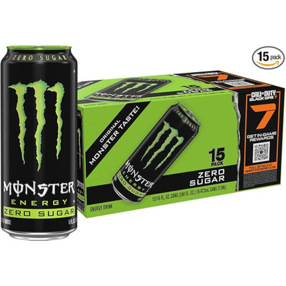 Monster Energy Zero Sugar, Green, Original, Low Calorie Energy Drink, 16 ounce (Pack of 15)