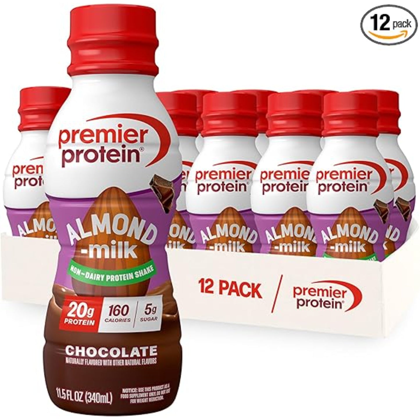 Premier Protein Almondmilk Non-Dairy Protein Shake, 20g Protein, 5g Sugar, 11.5 Fl oz, Chocolate, 12 Count