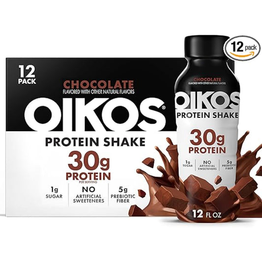 Oikos Protein Shake, Chocolate, 30g High Protein Drinks, Shelf Stable, Ready to Drink, 5g Prebiotic Fiber, 12 fl oz Bottle, 12 Count