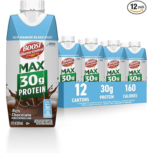 BOOST Glucose Control Max 30g Protein Nutritional Drink, Rich Chocolate, 11 Fl Oz (Pack of 12), Packaging May Vary