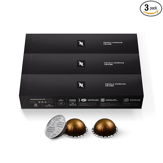 Nespresso Capsules Vertuo, Double Espresso Chiaro, Medium Roast Espresso Coffee, 30-Count Coffee Pods, Brews 2.7oz.
