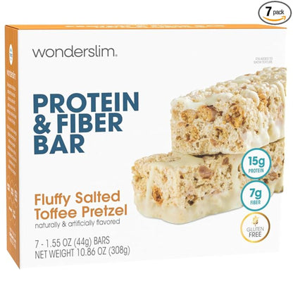 Wonderslim High Fiber Protein Bars, Salted Toffee Pretzel | 15g Protein, 7g Fiber | Low Sugar, Low Carb | Healthy Indulgence | Satisfying, Supports Energy & On-the-Go Convenience, 7 Pack