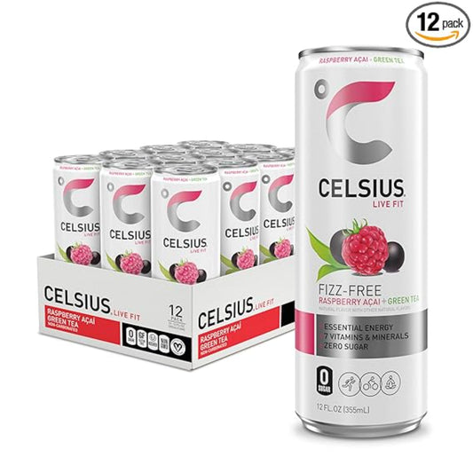CELSIUS Raspberry Acai Green Tea, Functional Essential Energy Drink 12 Fl Oz (Pack of 12) Packaging may vary