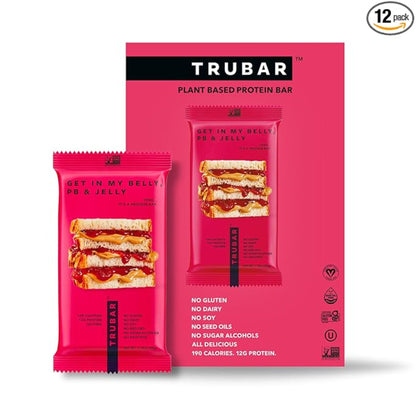TRUBAR Vegan Protein Bar, Get In My Belly Pb & Jelly, Gluten Free, Plant Based, High Fiber, Dairy Free, Low Fat, Non GMO, No Sugar Alcohols, 12G Lean Protein, 13G Fiber, Healthy Snack Bars, 12 CT