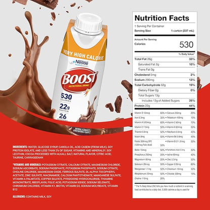 BOOST Very High Calorie Nutritional Drink – Helps Weight Gain & Maintenance - 530 Calories - 26 Vitamins & Minerals - 22 g Protein - Calorie-Dense Nutritional Drink - Chocolate - 8 fl oz (Pack of 24)