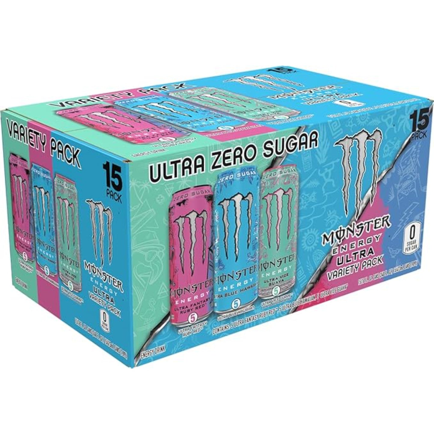Monster Energy Ultra Variety Pack, Blue Hawaiian, Ultra Vice Guava, Ultra Fantasy Ruby Red, Sugar Free Energy Drink, 16 Ounce (Pack of 15)