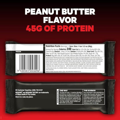 MUSASHI High Protein Bar, 45g Protein, 2g Total Sugars, Peanut Butter & Milk Chocolate Coated, Post Workout and Protein Snack On The Go, 12 Pack of 3.2oz (90g) Bars