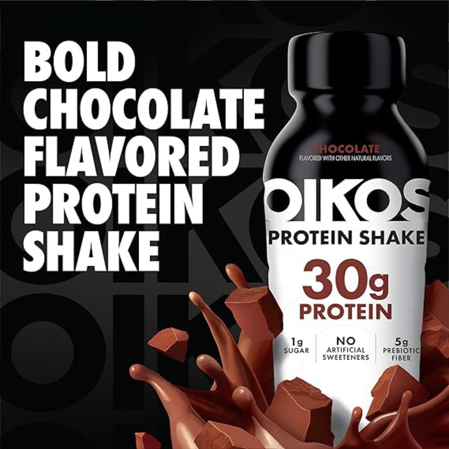 Oikos Protein Shake, Chocolate, 30g High Protein Drinks, Shelf Stable, Ready to Drink, 5g Prebiotic Fiber, 12 fl oz Bottle, 12 Count