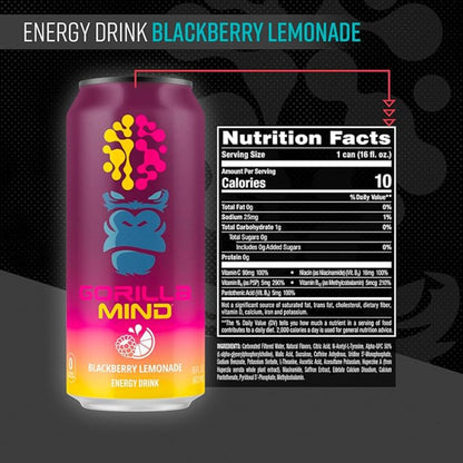 Gorilla Mind Energy Drink | Unmatched Energy · Amplified Focus | N-Acetyl-L-Tyrosine, Alpha-GPC, 200mg Caffeine, Uridine, Saffron | 0 Sugar Or Artificial Colors | 16oz, 12-Pack (Blackberry Lemonade)