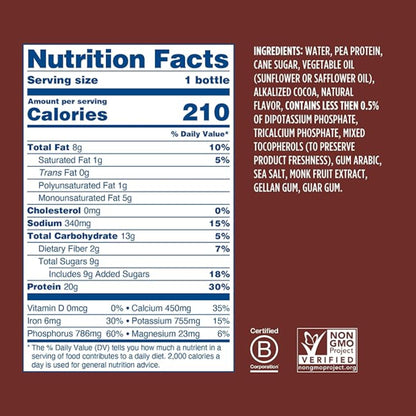 Ripple Vegan Protein Shake | Chocolate | 20g Nutritious Plant Based Pea Protein | Shelf Stable | No GMOs, Soy, Nut, Gluten, Lactose | 12 Oz, 12 Pack