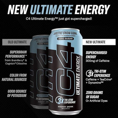 C4 Ultimate Sugar Free Energy Drink 16oz (Pack of 12) | Arctic Snow Cone | Pre Workout Performance Drink with No Artificial Colors or Dyes