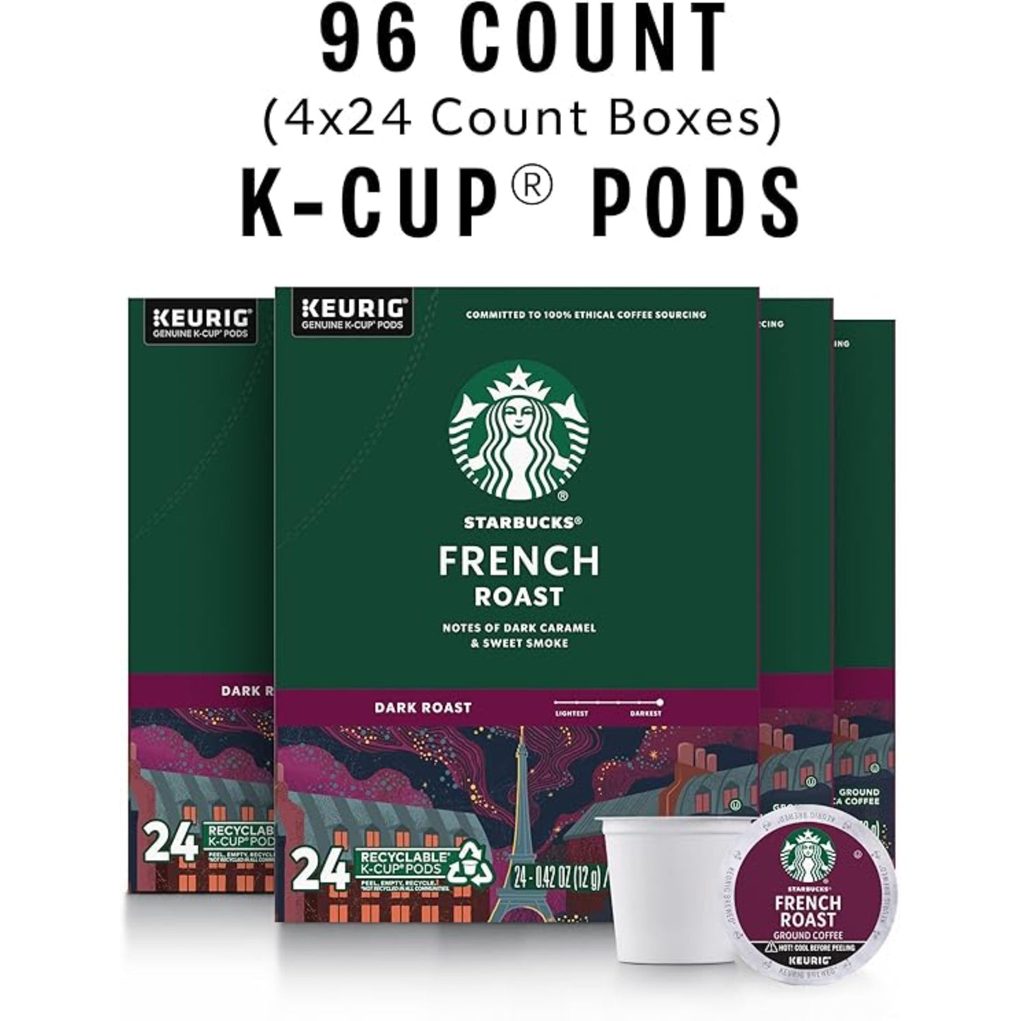Starbucks K-Cup Coffee Pods, Dark Roast Coffee, French Roast for Keurig Brewers, 100% Arabica, 4 boxes (96 pods total)