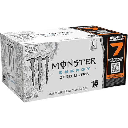 Monster Energy Zero Ultra, Sugar Free Energy Drink, 16 Ounce (Pack of 15)