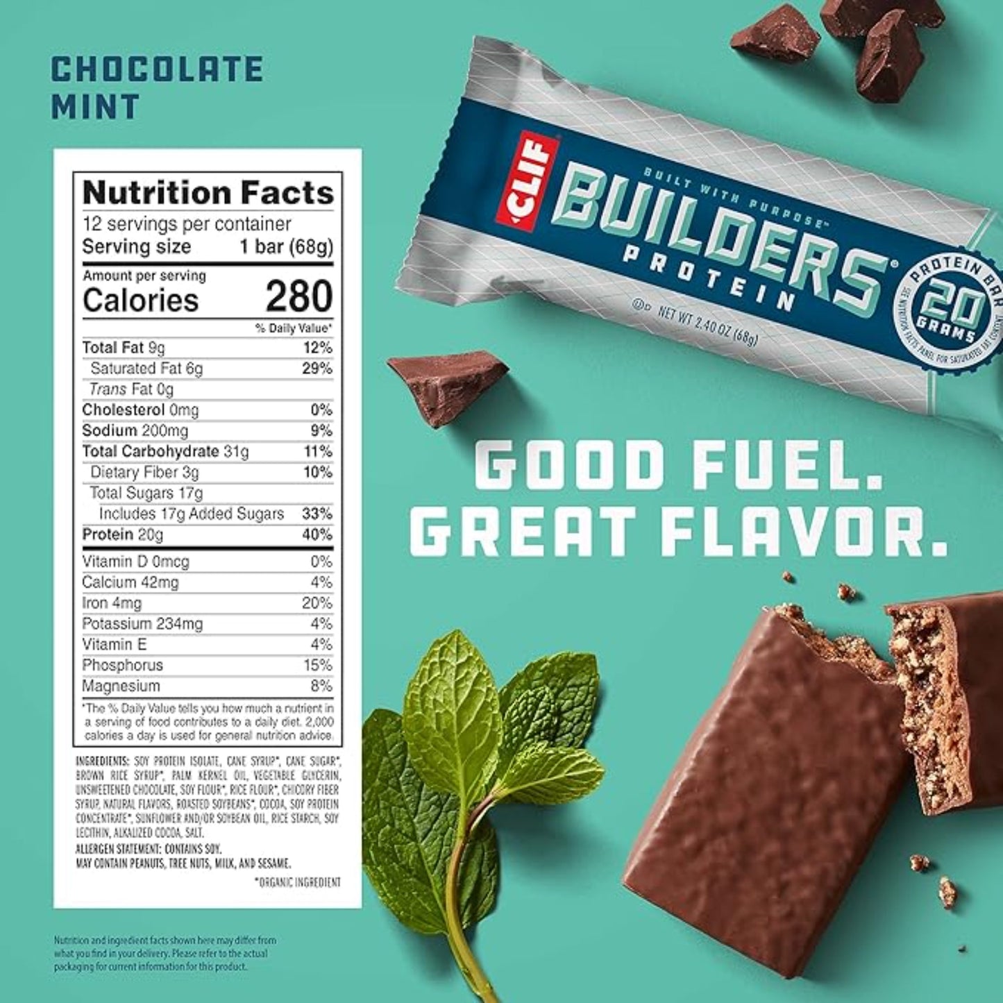CLIF BUILDERS Protein Bars - Chocolate Mint Flavor - 20g Plant Based Protein - Gluten Free - Non-GMO - Low Glycemic - No Artificial Sweeteners - Value Pack, 2.4 oz. (12 Count)