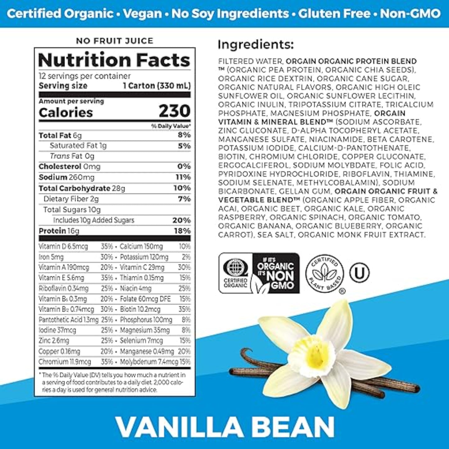 Orgain Organic Nutritional Vegan Protein Shake, Vanilla Bean - 16g Plant Based Protein, Meal Replacement, 21 Vitamins & Minerals, Fruits & Vegetables, Gluten Free, Non-GMO, 11 Fl Oz (Pack of 12)