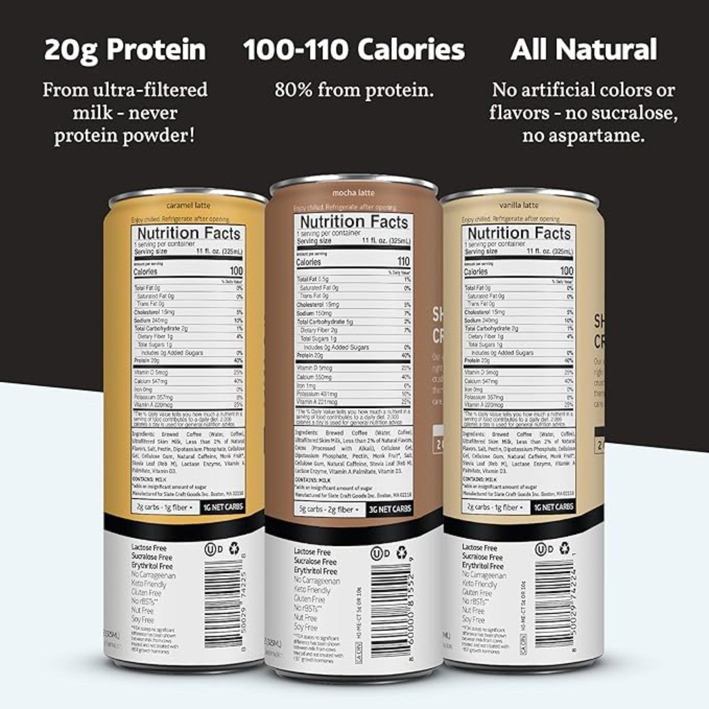 Slate Milk - High Protein Iced Coffee - Energy Variety Pack - Caramel Latte, Mocha Latte, Vanilla Latte - 175mg Caffeine, Lactose Free - 20g Protein, 1g Sugar - Protein Coffee - 11 fl oz, 12 Cans