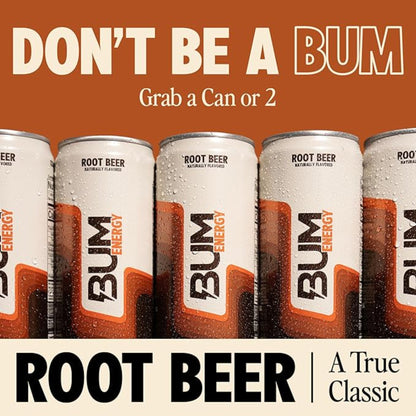 BUM Sugar-Free Energy Drink, Root Beer - Lightly Carbonated & No Artificial Colors, Natural Caffeine & Citicoline for Energy & Focus, Brain Boost & Workout Sports Beverage - 12 oz, Pack of 12