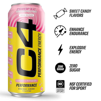 Cellucor C4 Performance Energy Drink | Strawberry Blast | Zero Sugar Carbonated Preworkout Energy | 200mg Caffeine with Beta Alanine | 16 Fl Oz (12 Pack)