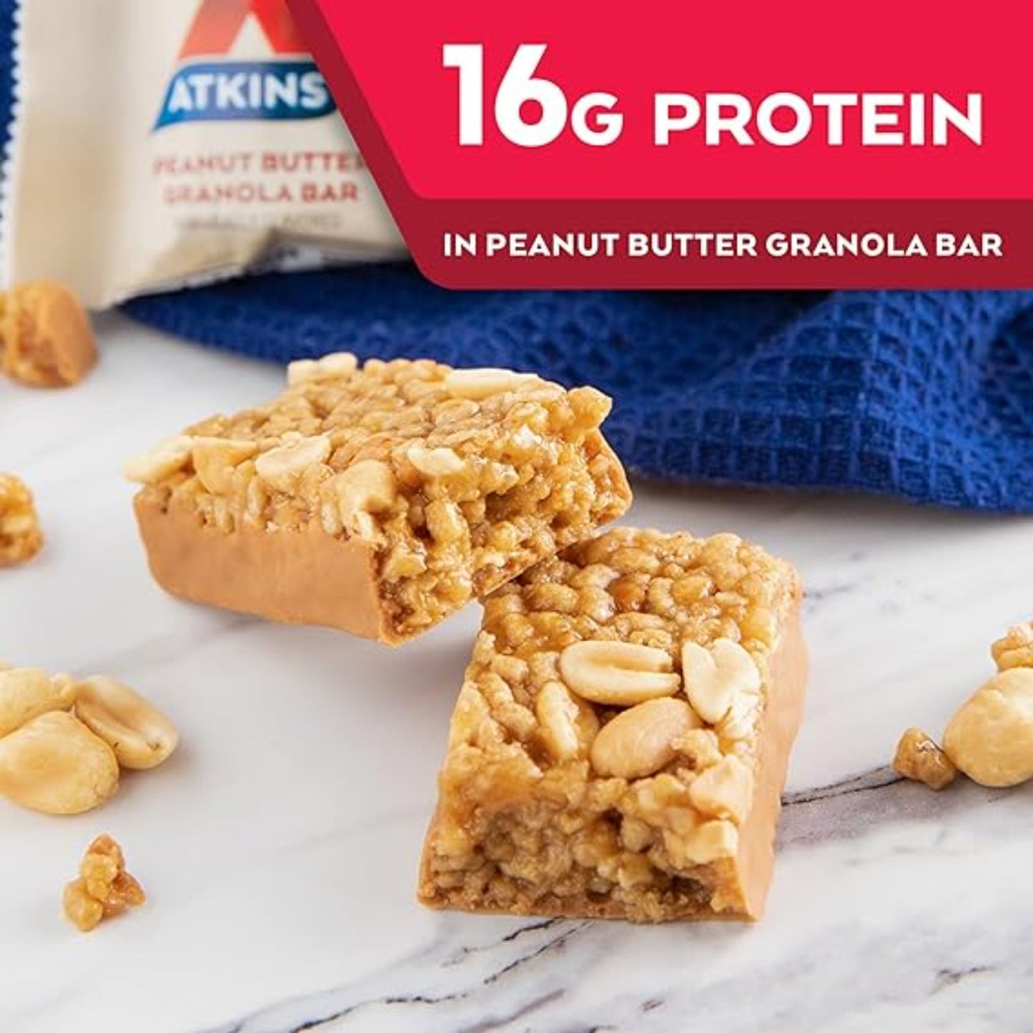 Atkins Peanut Butter Granola High Protein Bar, High Fiber , 16g Protein, 1g Sugar, 4g Net Carb, Keto Friendly, 12 Count
