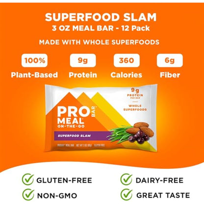 PROBAR - MEAL Bar, Superfood Slam, Non-GMO, Gluten-Free, Healthy, Plant-Based, Whole-Food Ingredients, Natural Energy (12 Count)