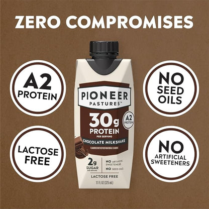 Pioneer Pastures - High Protein A2 Milkshakes - Chocolate - A2 Nutritional Milk, 30g Protein, 2g Sugar, No Artificial Sweeteners, No Seed Oils - All-Natural, Breakfast Shake, Meal Replacement, Workout - 11oz, 12 Pack