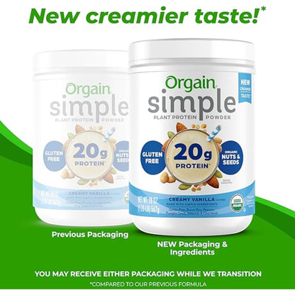 Orgain Organic Simple Vegan Protein Powder, Vanilla - 20g Plant Based Protein, Made with less Ingredients, No Artificial Sweeteners, Gluten Free, No Dairy or Lactose, 1.25 lb (Packaging May Vary)