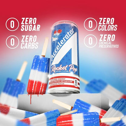 Accelerator Active Energy Drink Sugar Free Zero Carbs, Rocket Pop 12oz can(12 pack) Enhanced Focus & Sustained Energy from 100% Natural Caffeine (200mg), Ashwagandha, Coq10 & Green Tea Extract