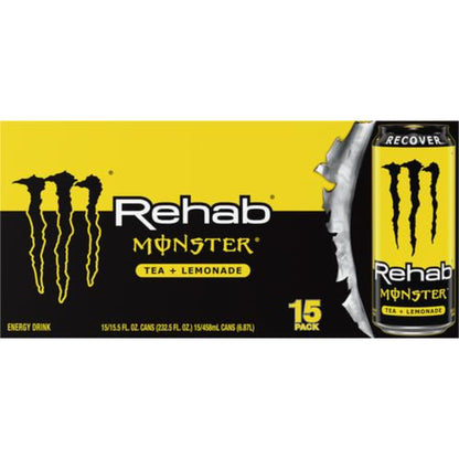 Monster Energy Rehab Tea + Lemonade + Energy, Energy Iced Tea, Energy Drink 15.5 Ounce (Pack of 15)