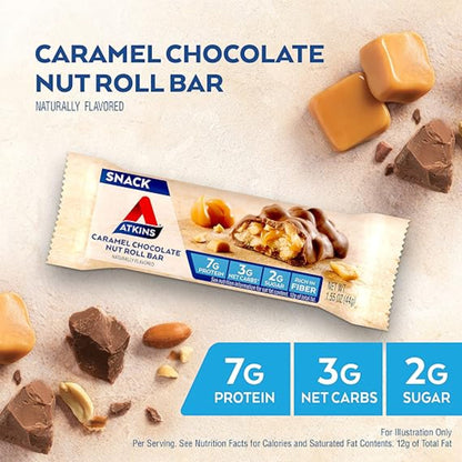 Atkins Caramel Chocolate Nut Roll Snack Bar, Protein Snack , 7g Protein, 2g Sugar, Rich in Fiber, 16 Count