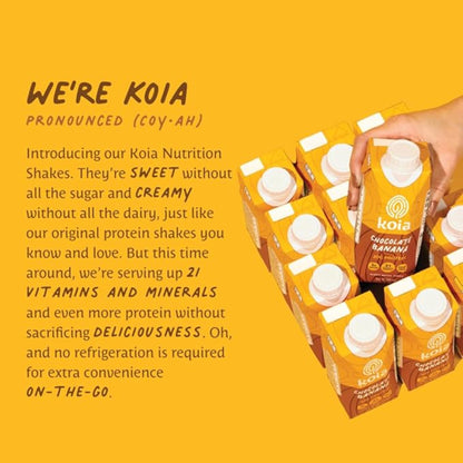 Koia Plant Based Protein Shake, Chocolate Banana, 20g Protein, 5g Sugar, 6g Prebiotic Fiber, 21 Vitamins & Minerals, Meal Replacement Drinks, Dairy-Free, Gluten-Free, Non-GMO, 11 Fl Oz (Pack of 12)