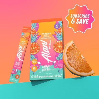 Alani Nu ORANGE KISS Energy Sticks, Energy Drink Powder, 200mg Caffeine, Pre Workout Performance with Antioxidants, On-The-Go Drink Mix, Biotin, B Vitamins, Zero Sugar, 5-10 Calories, 10 Pack