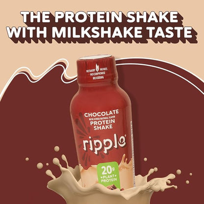 Ripple Vegan Protein Shake | Chocolate | 20g Nutritious Plant Based Pea Protein | Shelf Stable | No GMOs, Soy, Nut, Gluten, Lactose | 12 Oz, 12 Pack