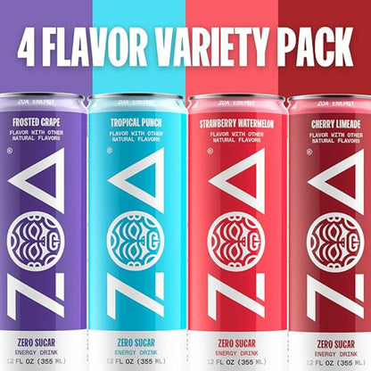 ZOA Zero Sugar Energy Drinks, Variety Pack - Sugar Free with Electrolytes, Healthy Vitamin C, Amino Acids, Essential B-Vitamins, and Caffeine from Green Tea - 12 Fl Oz (12-Pack)