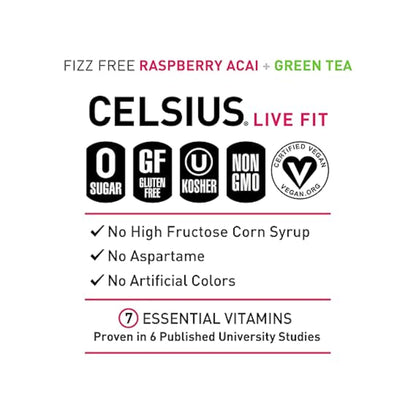 CELSIUS Raspberry Acai Green Tea, Functional Essential Energy Drink 12 Fl Oz (Pack of 12) Packaging may vary