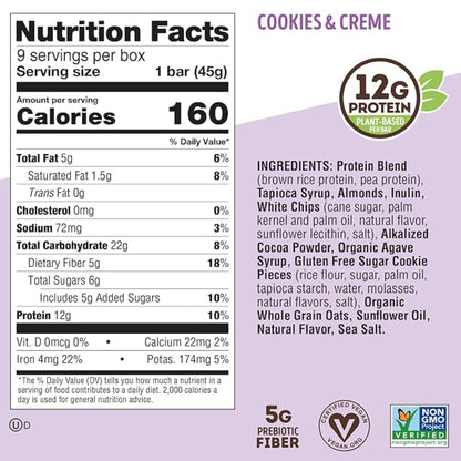 Lenny & Larry's Cookie-fied Protein Bar – Cookies & Creme Vegan Protein Bars 9x45g – Healthy Snacks with 12g Plant Protein & 5g Fiber – Gluten free Power Bar, Keto Friendly, Non-GMO & Vegan
