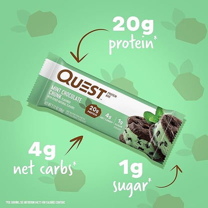 Quest Nutrition Mint Chocolate Chunk Protein Bars, 20g Protein, 1g Sugar, 4g Net Carb, Gluten Free, Keto Friendly, 12 Count